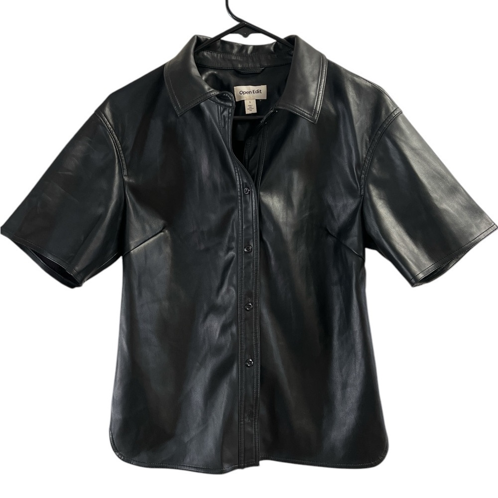 Open Edit Black Leather Button Down Collared Shor… - image 2